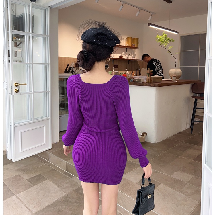 Package hip puff sleeve T-back autumn and winter dress