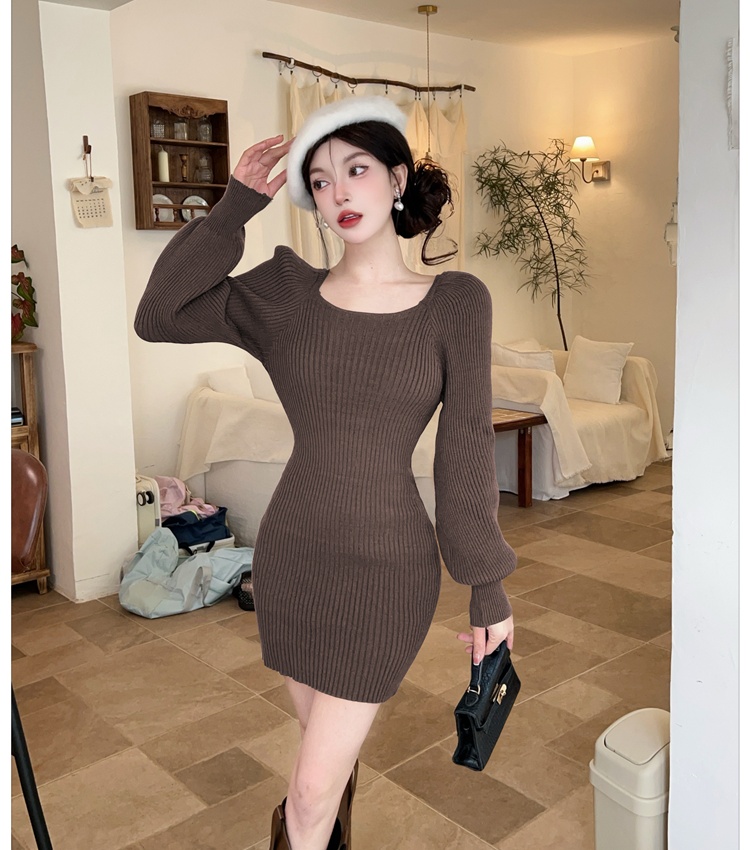 Package hip puff sleeve T-back autumn and winter dress