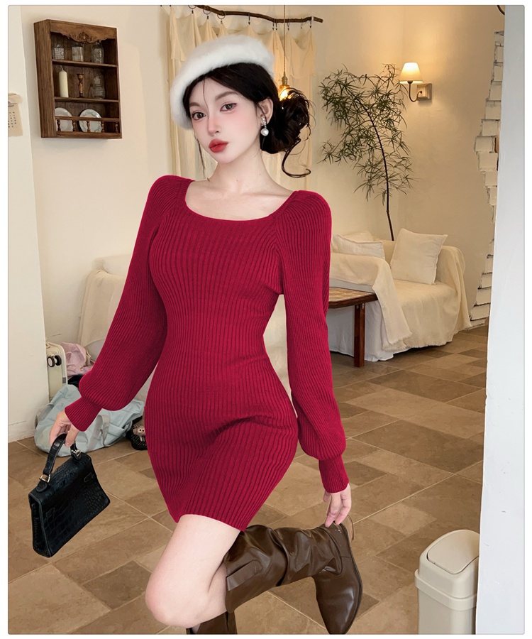 Package hip puff sleeve T-back autumn and winter dress