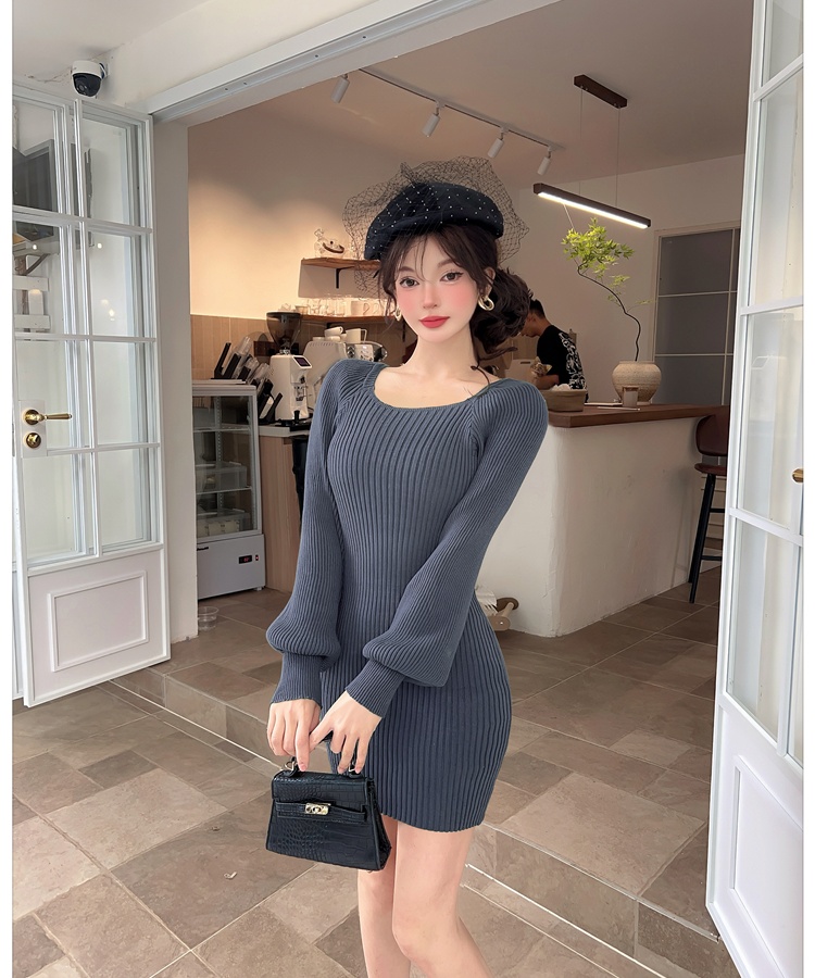 Package hip puff sleeve T-back autumn and winter dress