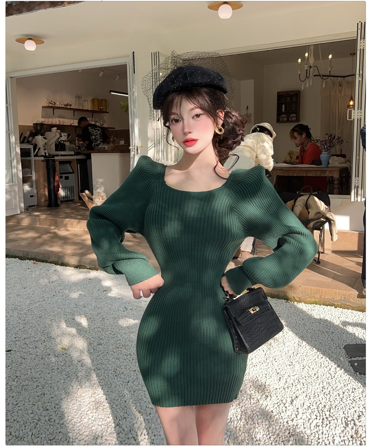 Package hip puff sleeve T-back autumn and winter dress