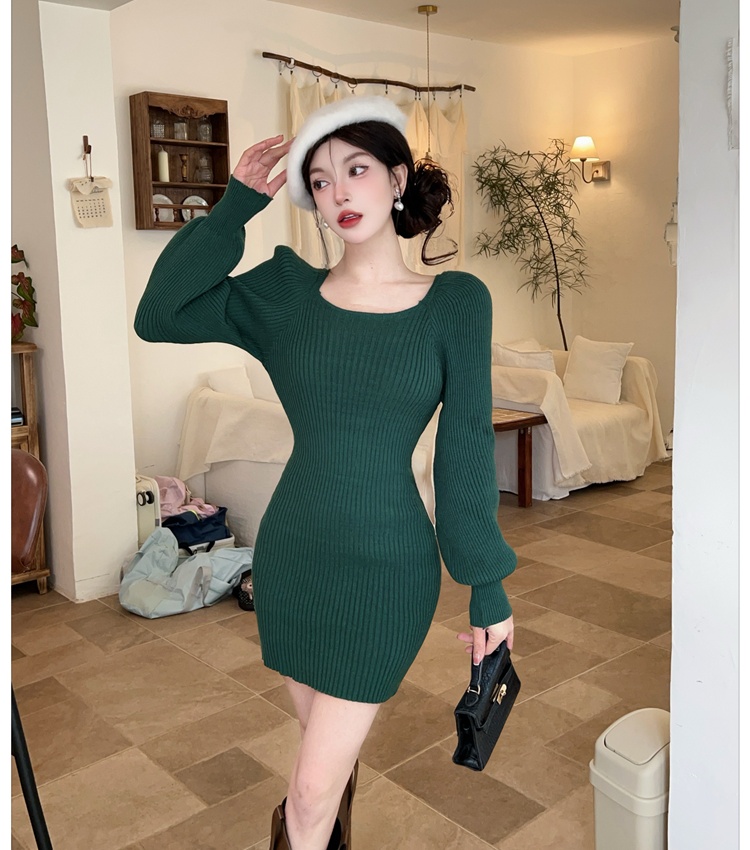 Package hip puff sleeve T-back autumn and winter dress