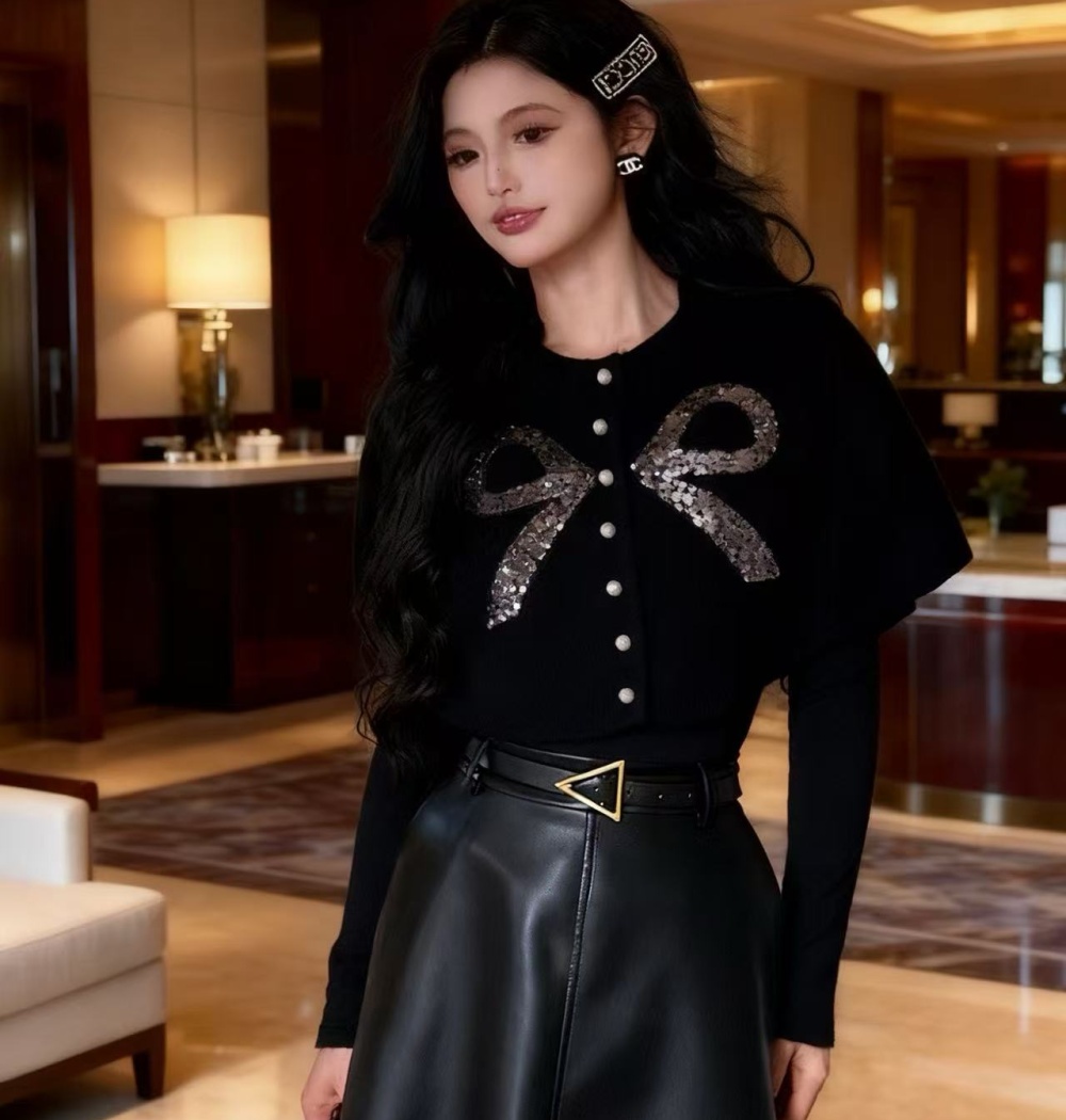 Knitted bow coat sequins Korean style tops