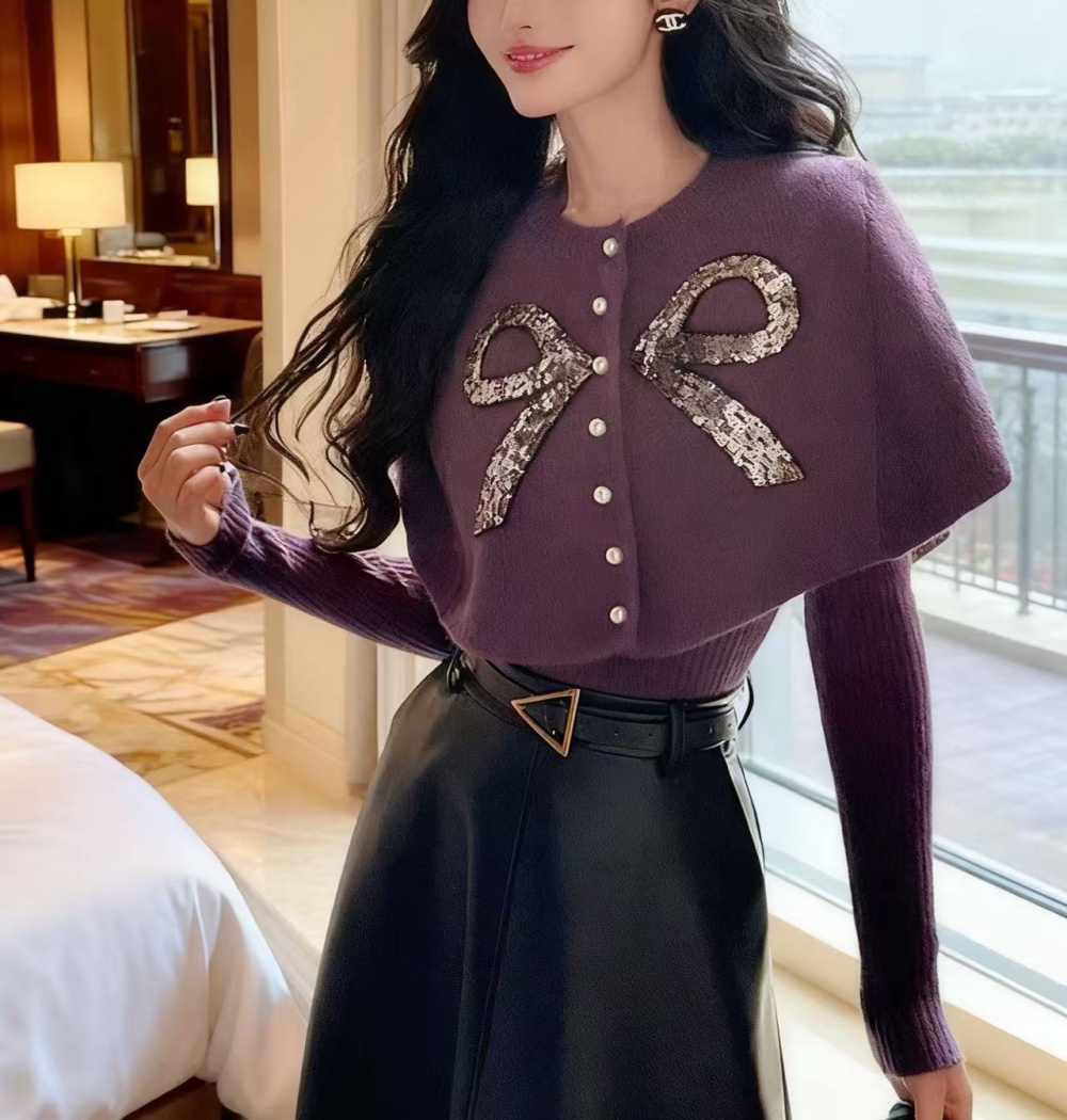 Knitted bow coat sequins Korean style tops