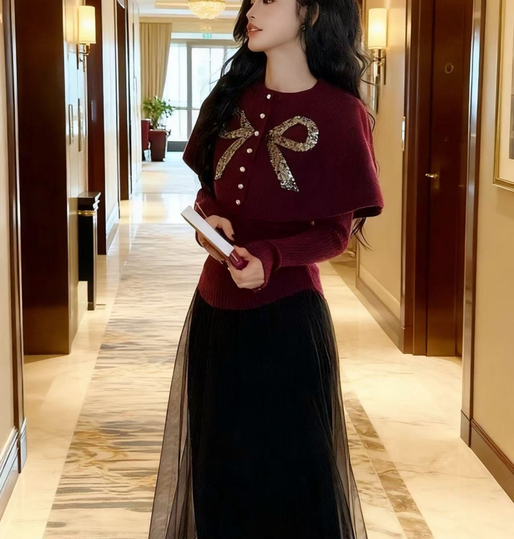 Knitted bow coat sequins Korean style tops