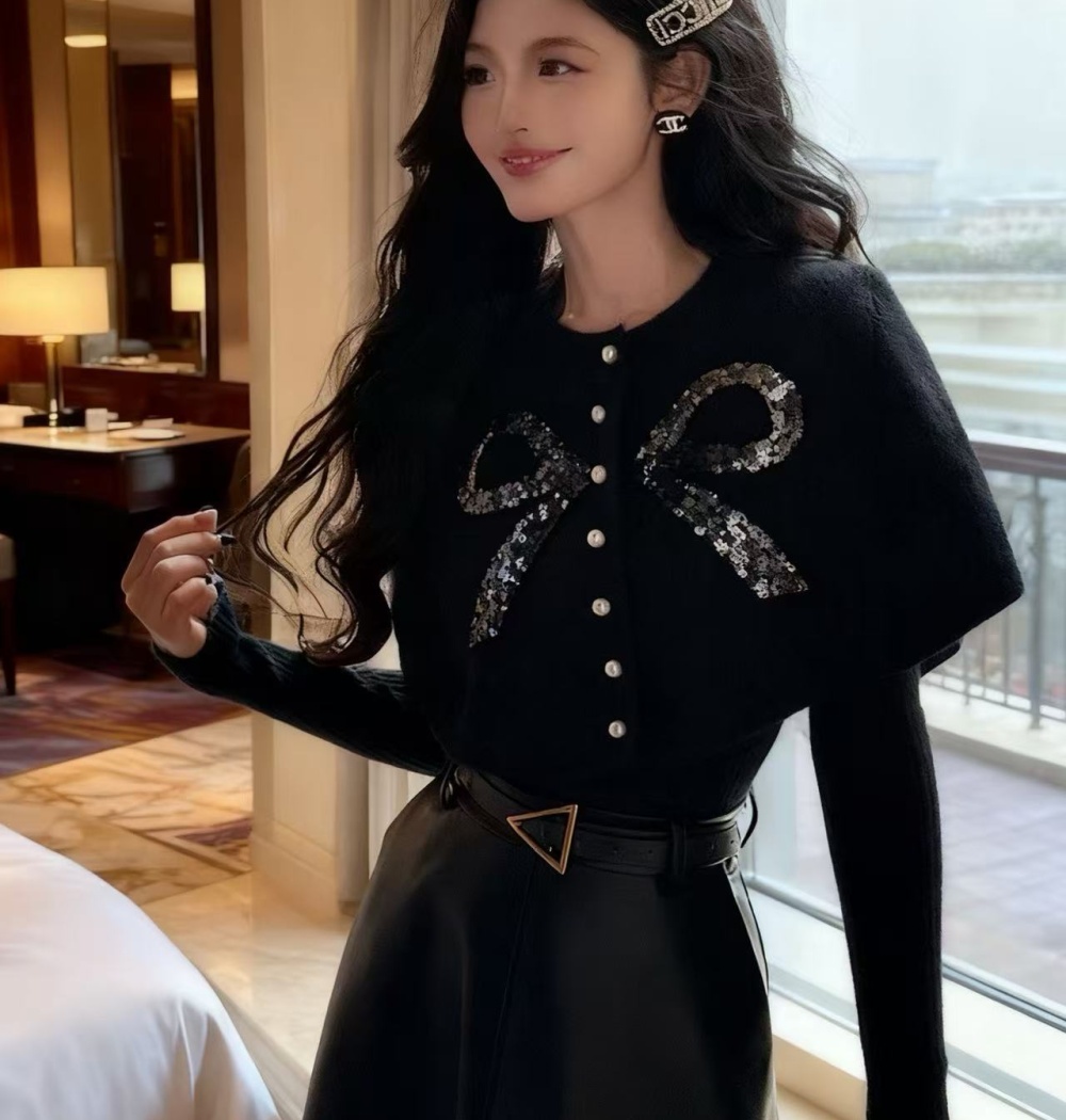 Knitted bow coat sequins Korean style tops