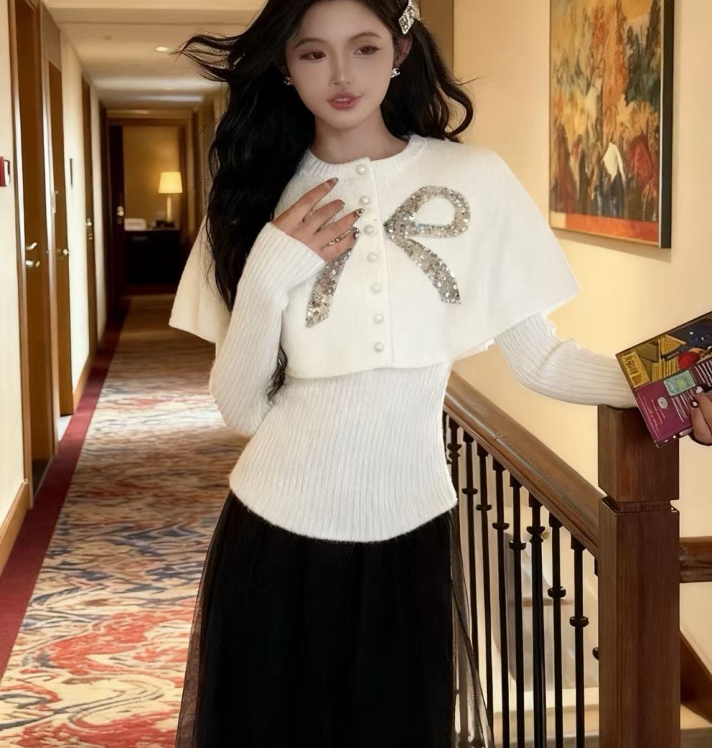 Knitted bow coat sequins Korean style tops