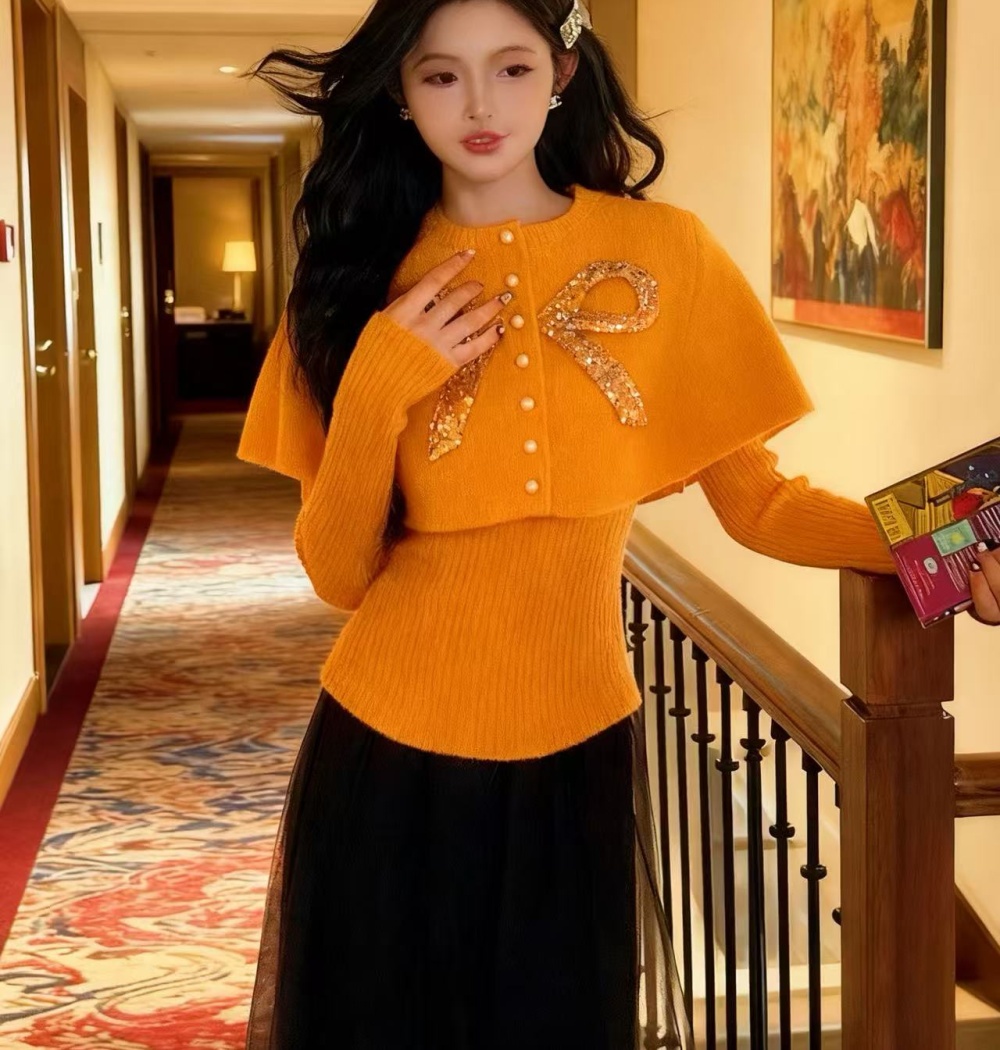 Knitted bow coat sequins Korean style tops