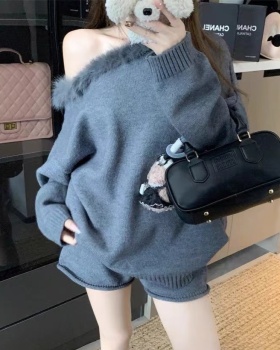 Knitted sweater sloping shoulder shorts 2pcs set