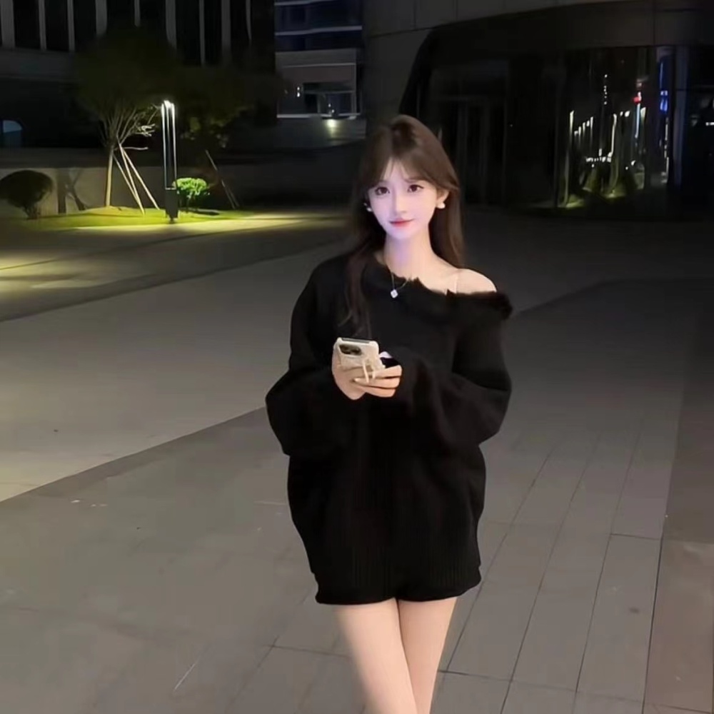 Knitted sweater sloping shoulder shorts 2pcs set