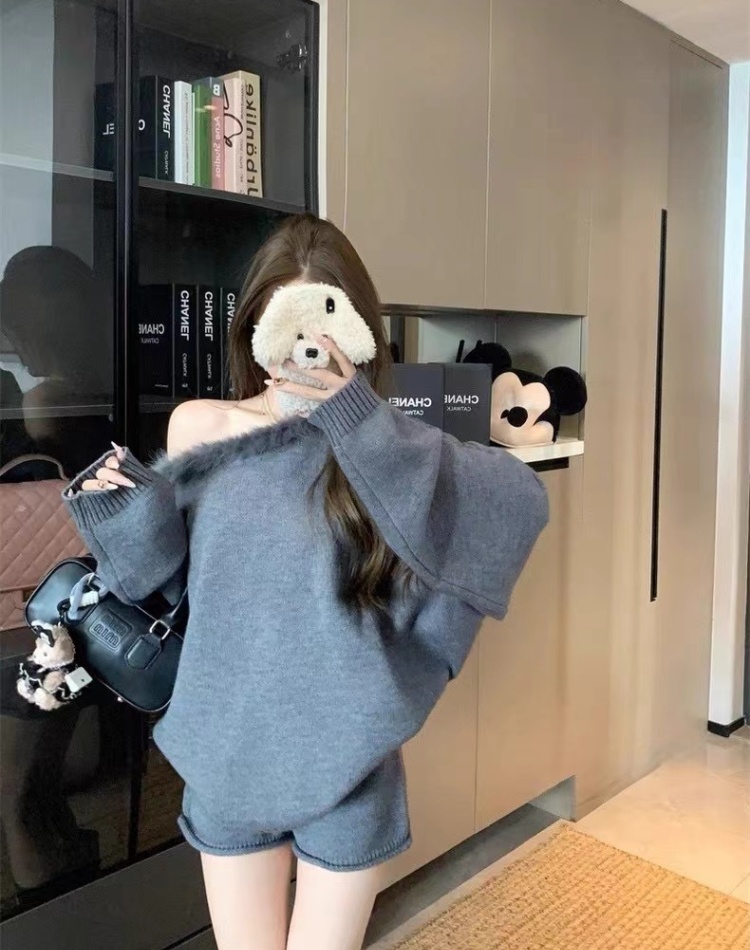 Knitted sweater sloping shoulder shorts 2pcs set