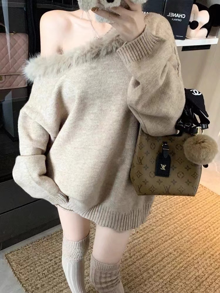 Knitted sweater sloping shoulder shorts 2pcs set
