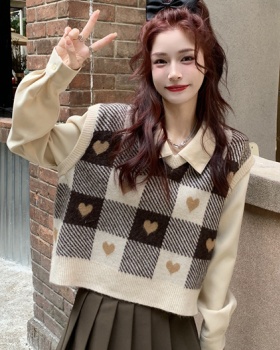 V-neck spring short waistcoat knitted plaid vest