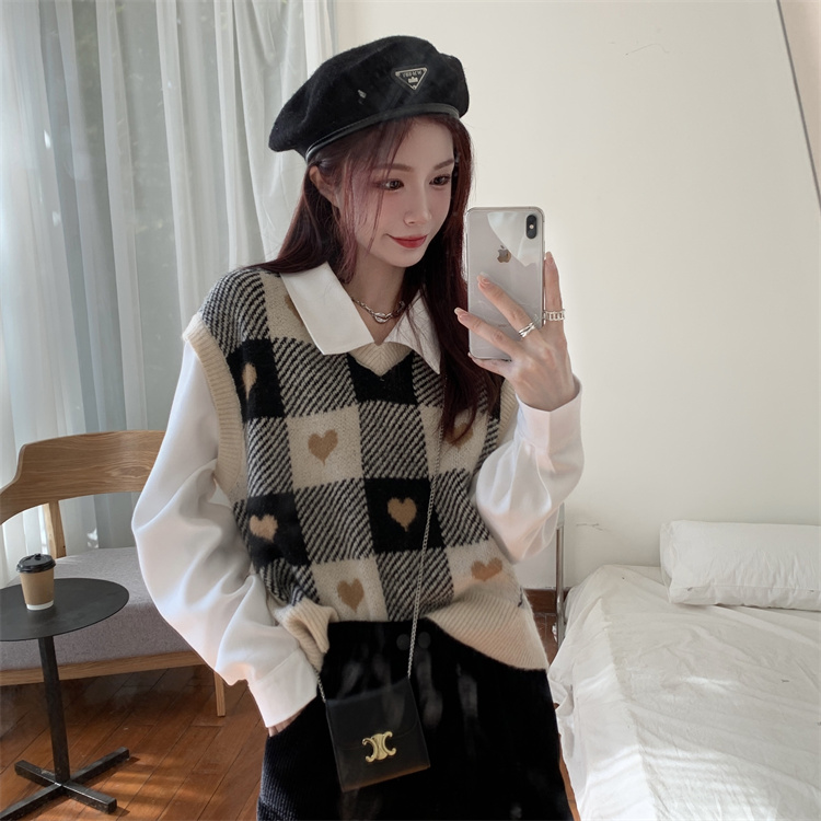 V-neck spring short waistcoat knitted plaid vest