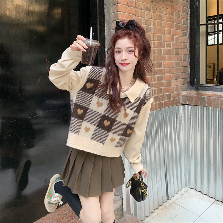 V-neck spring short waistcoat knitted plaid vest