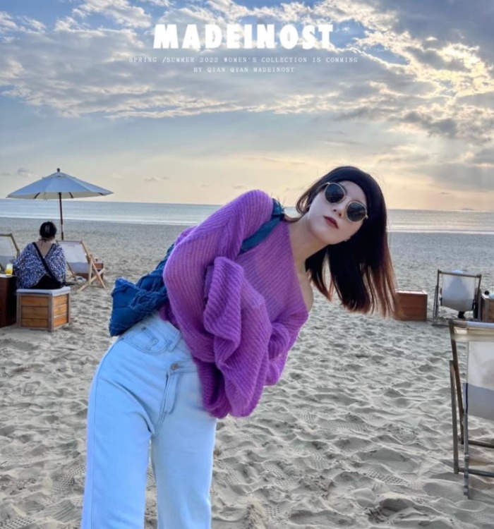 Spring simple long sleeve hollow thin sweater for women