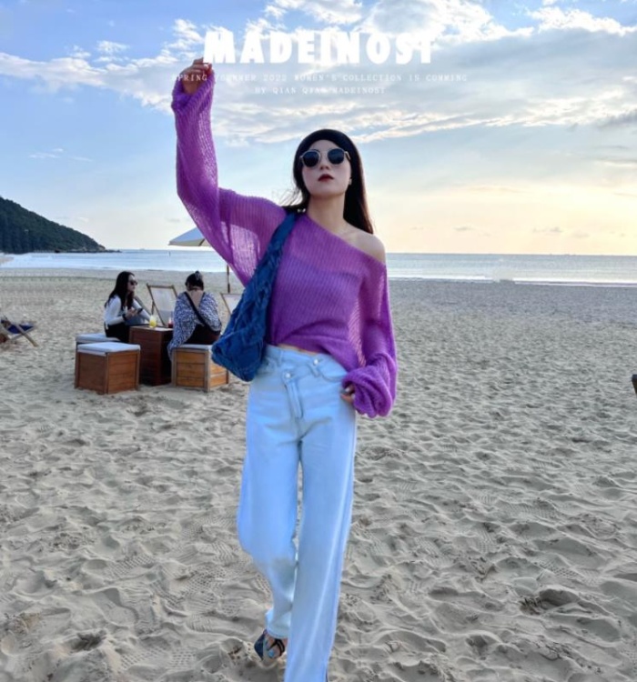 Spring simple long sleeve hollow thin sweater for women