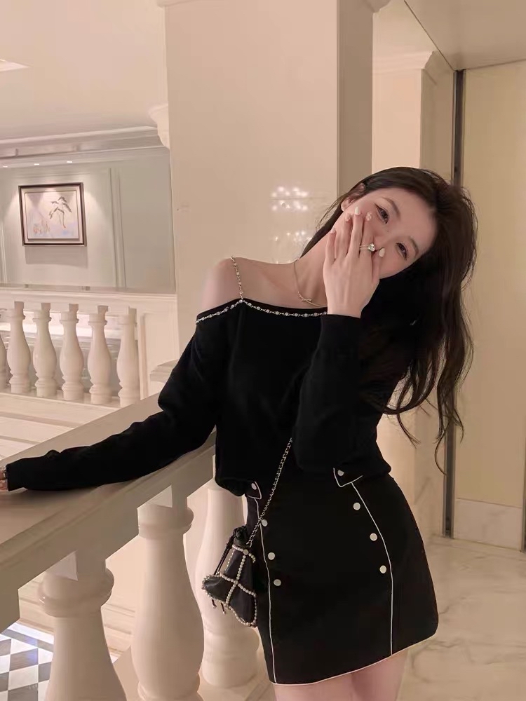 Pure autumn rhinestone loose strapless sweater for women