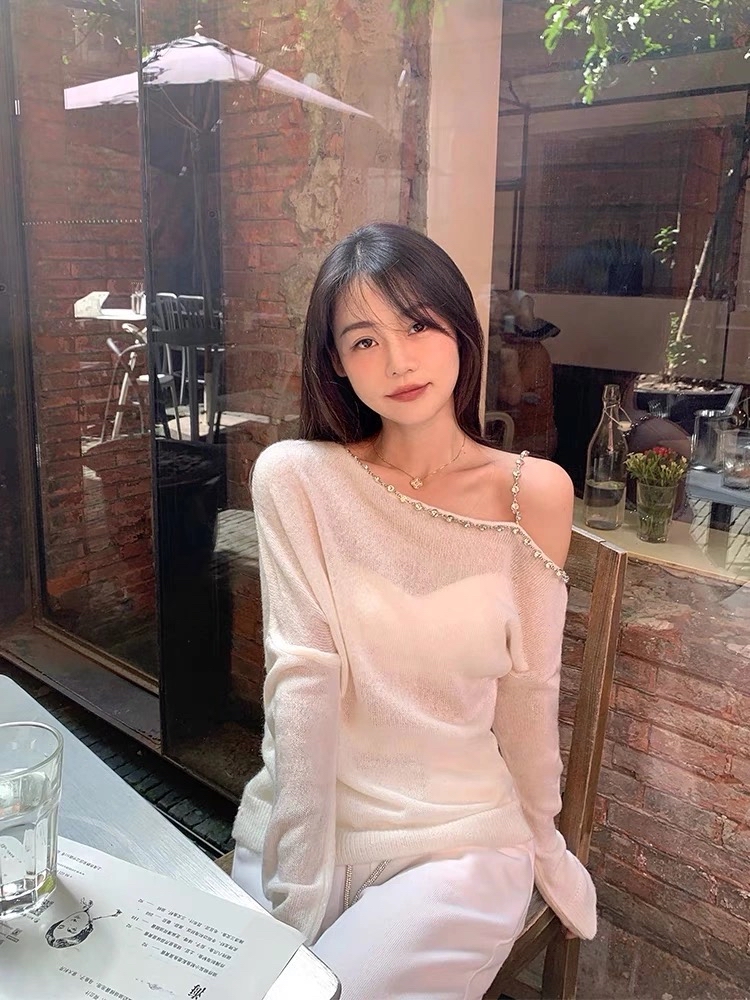 Pure autumn rhinestone loose strapless sweater for women