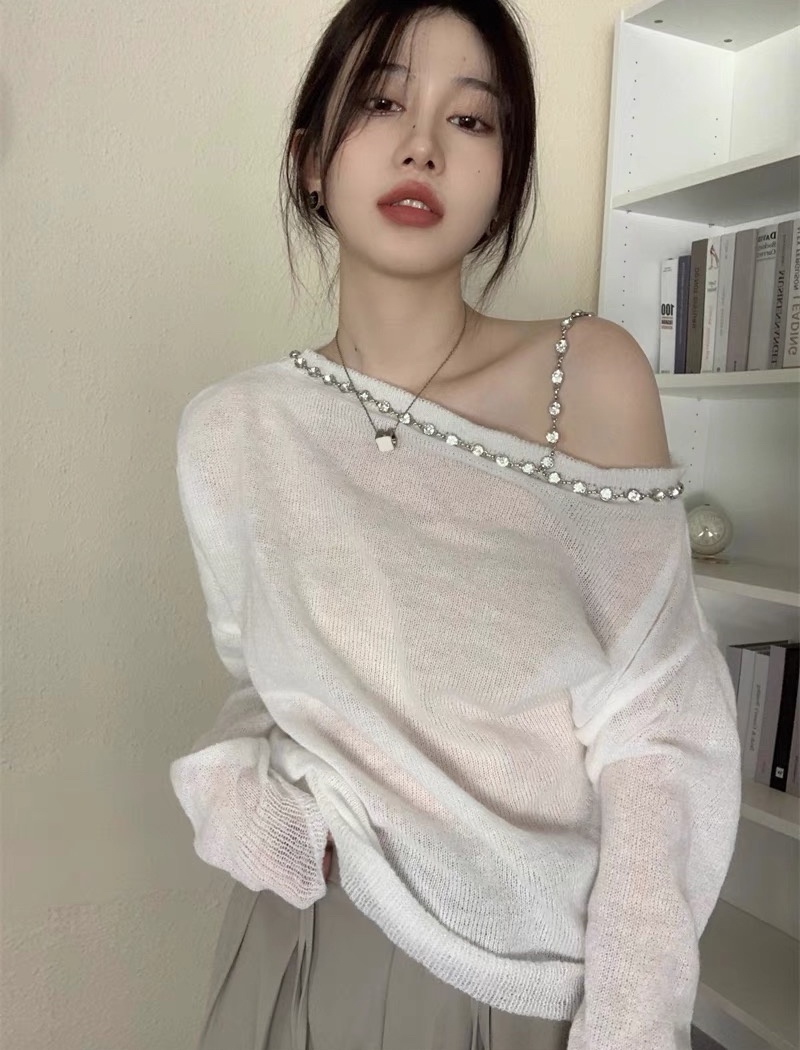 Pure autumn rhinestone loose strapless sweater for women