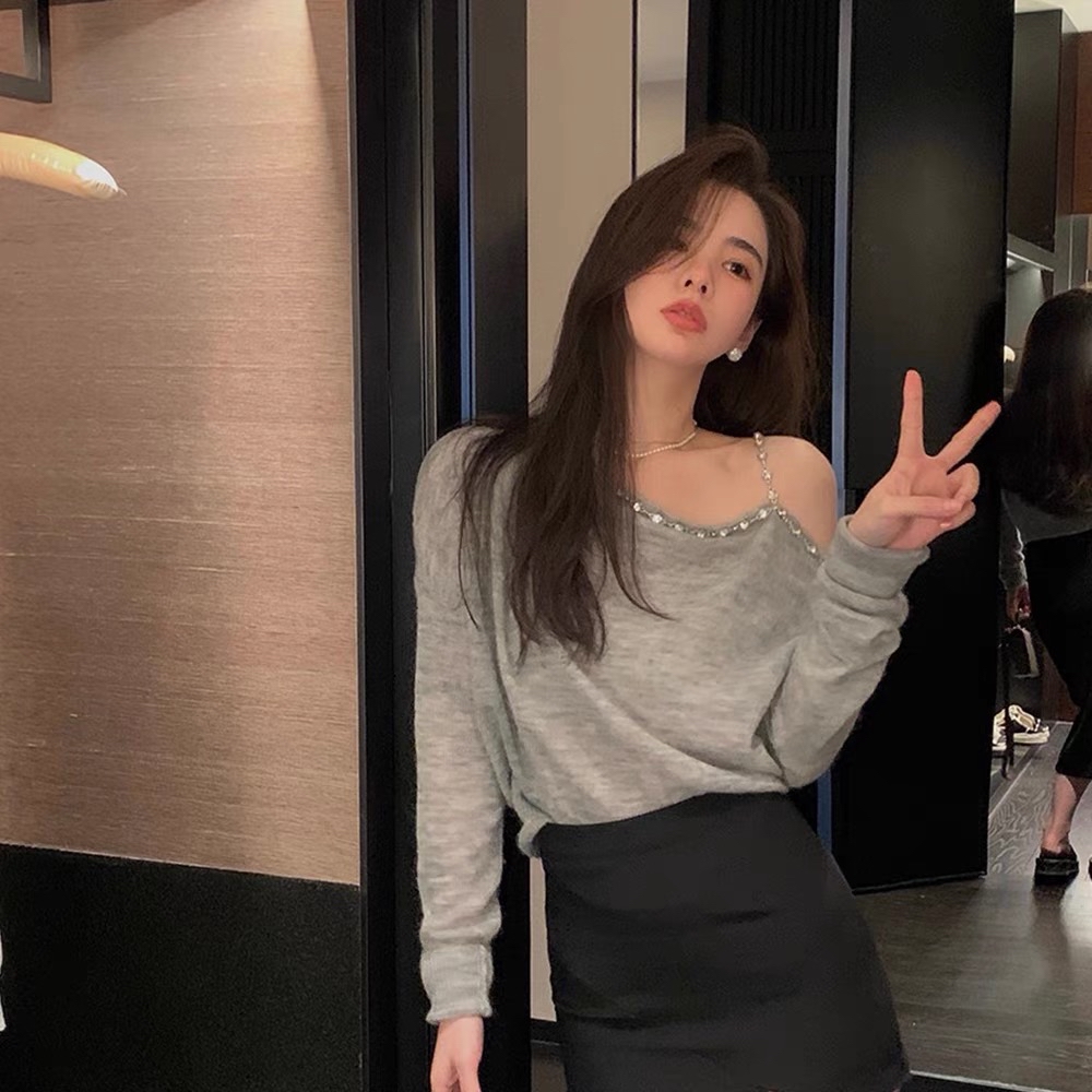 Pure autumn rhinestone loose strapless sweater for women