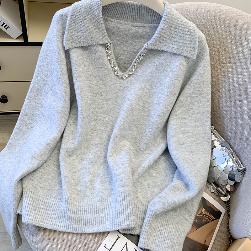 Lazy loose lapel gray V-neck sequins sweater for women