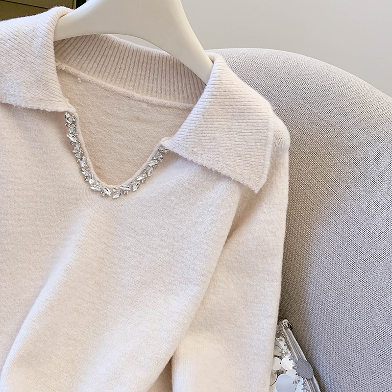 Lazy loose lapel gray V-neck sequins sweater for women