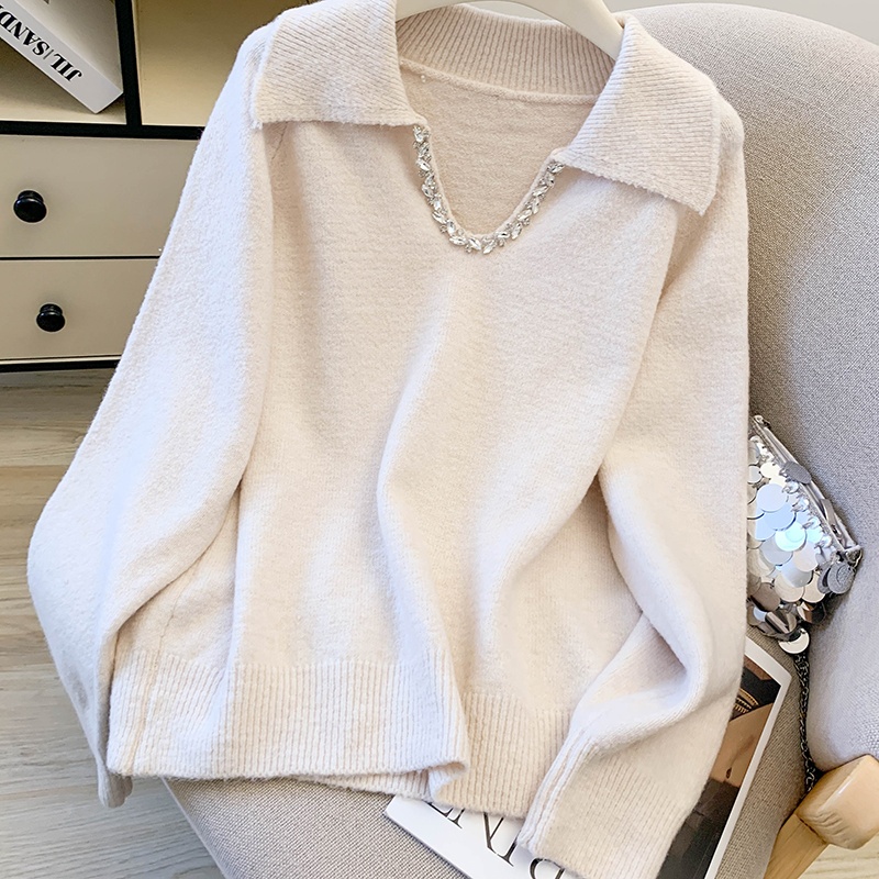 Lazy loose lapel gray V-neck sequins sweater for women