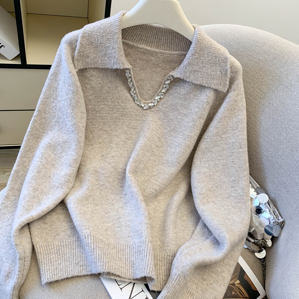 Lazy loose lapel gray V-neck sequins sweater for women
