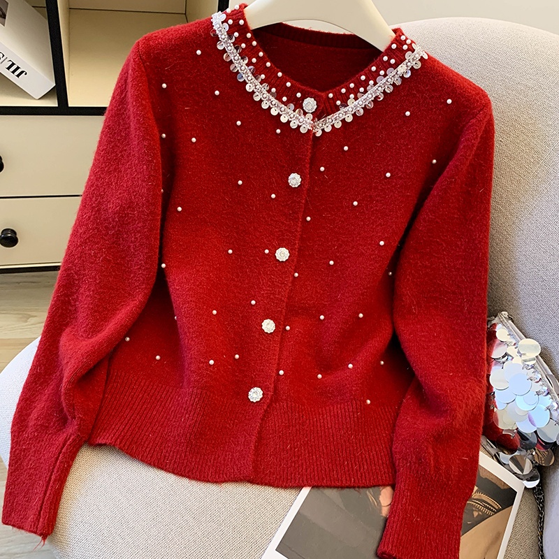 Beading red sweater chanelstyle spring and autumn coat