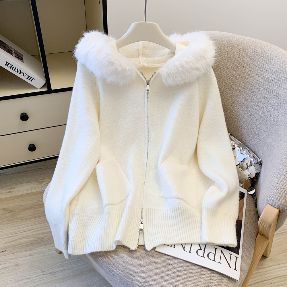 Loose hooded cardigan knitted sweater for women