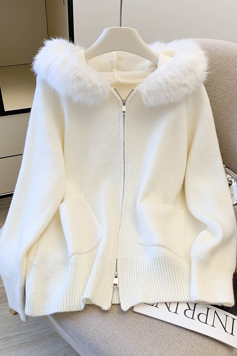 Loose hooded cardigan knitted sweater for women