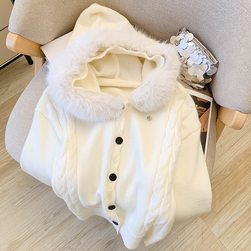 Fluffy thermal slim sweater hooded Casual cardigan