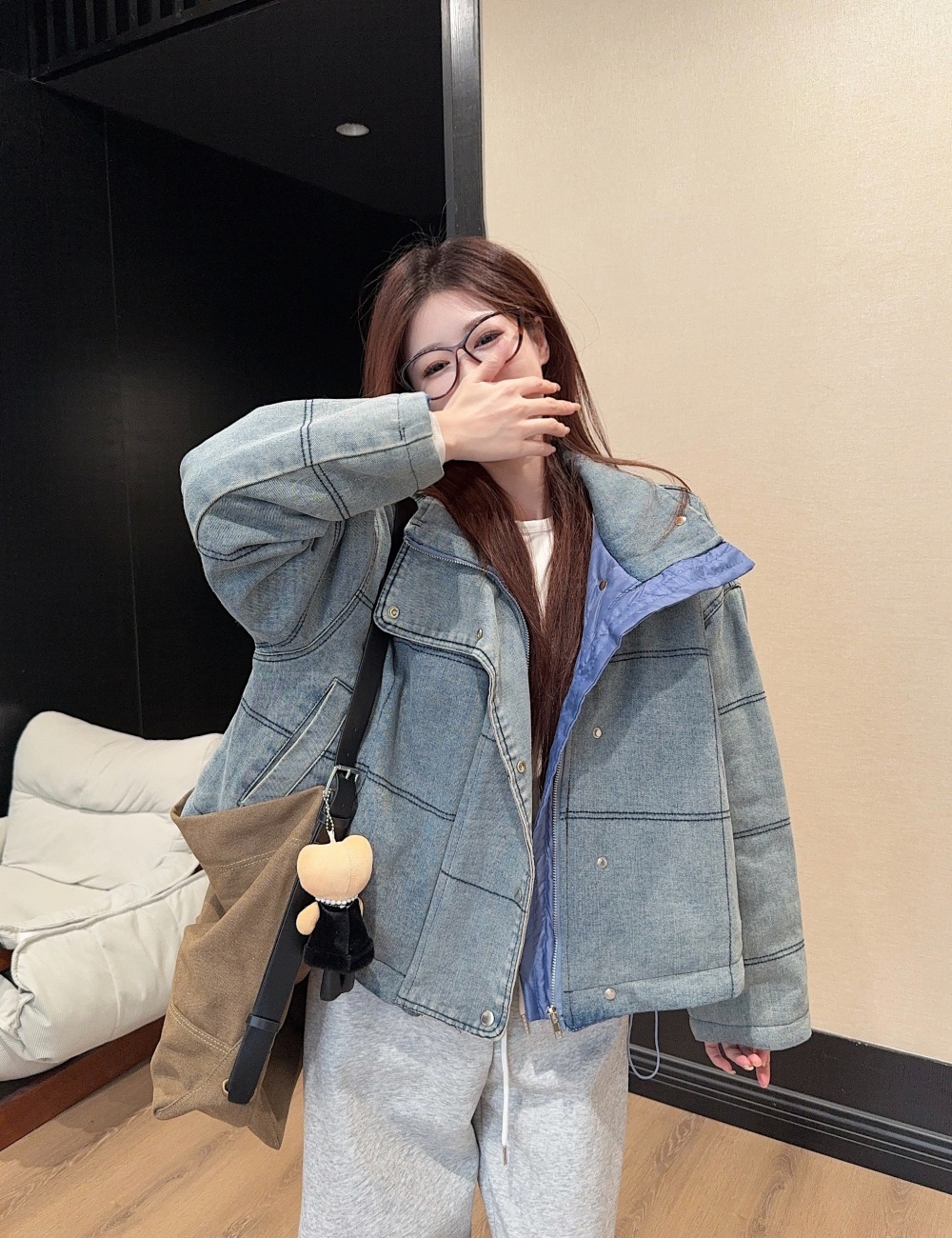 Autumn and winter denim cotton coat retro thick coat for women