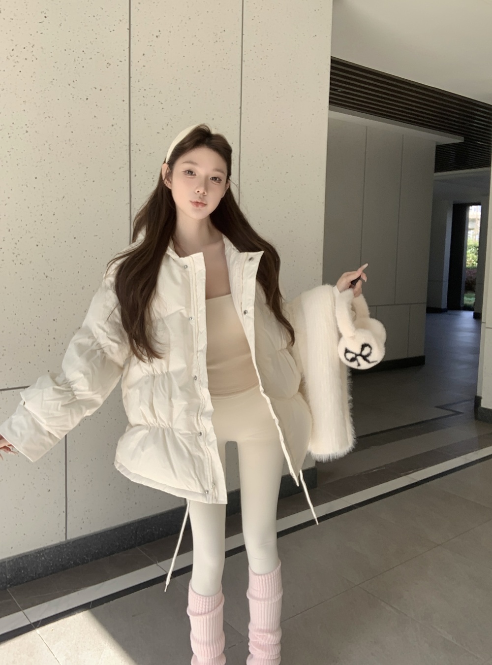 Beige winter loose thermal thick retro cotton coat