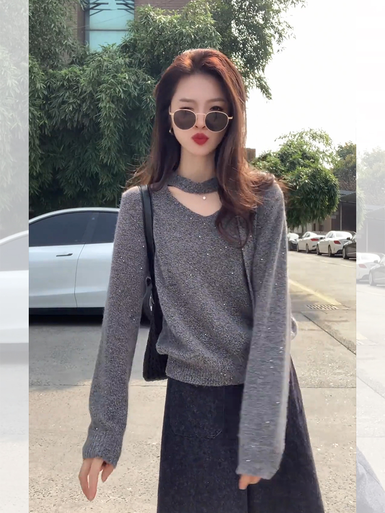 Loose France style gray sweater thick lazy tops for women