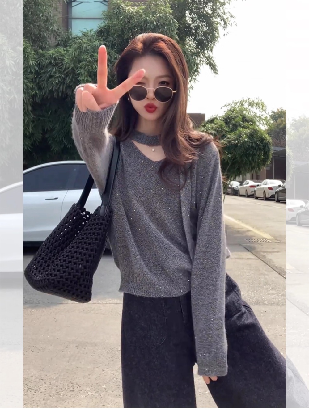 Loose France style gray sweater thick lazy tops for women