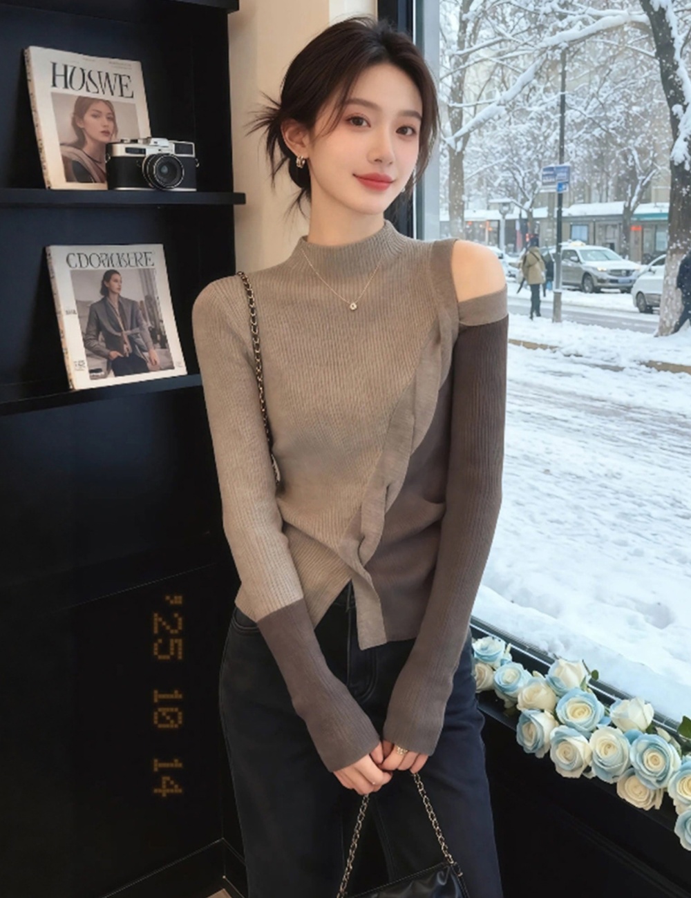 Half high collar autumn tops khaki long sleeve T-shirt for women