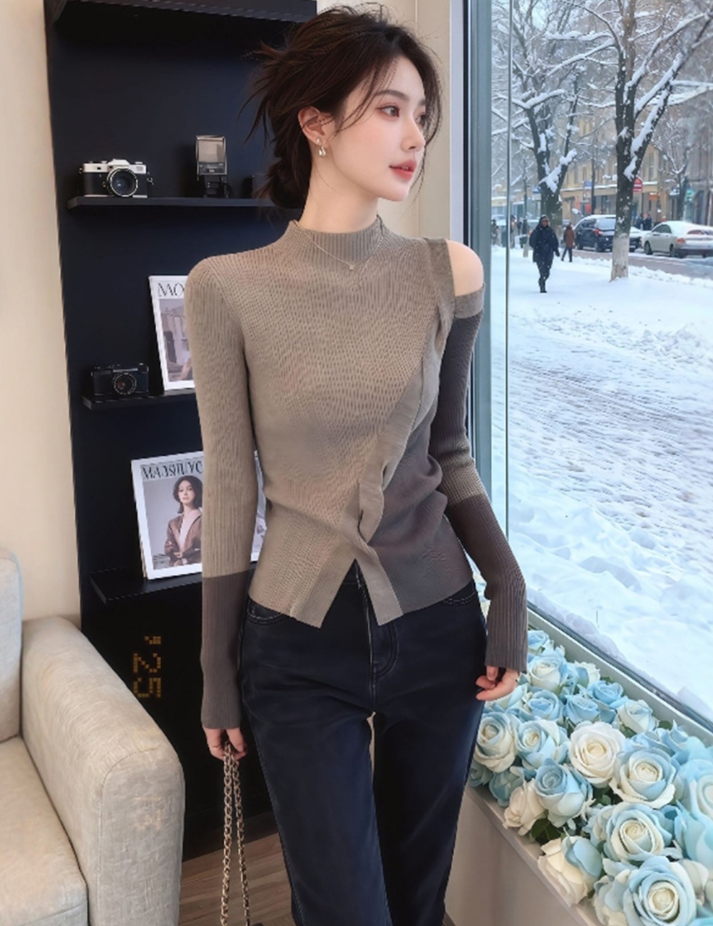 Half high collar autumn tops khaki long sleeve T-shirt for women