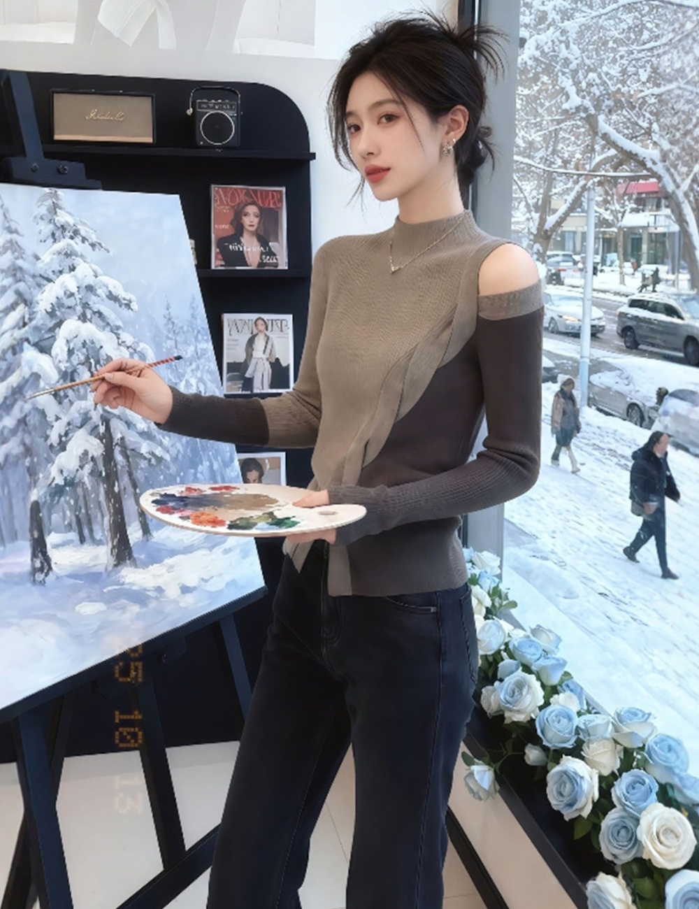 Half high collar autumn tops khaki long sleeve T-shirt for women