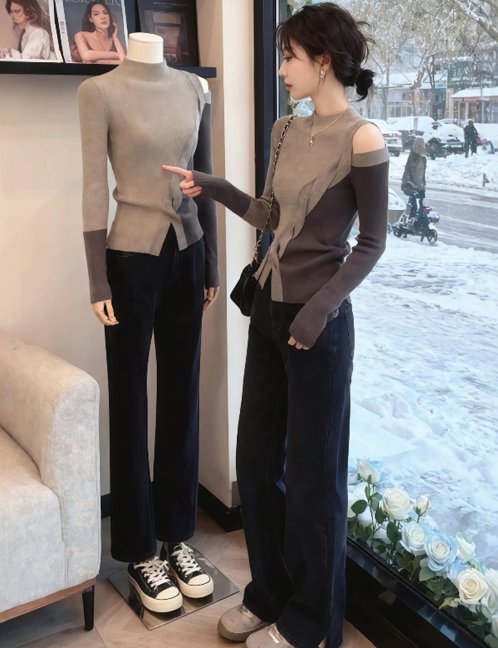 Half high collar autumn tops khaki long sleeve T-shirt for women