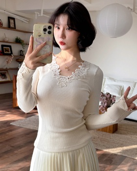 Long sleeve lace V-neck knitted spicegirl bottoming shirt