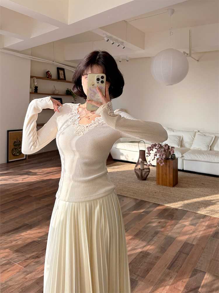 Long sleeve lace V-neck knitted spicegirl bottoming shirt