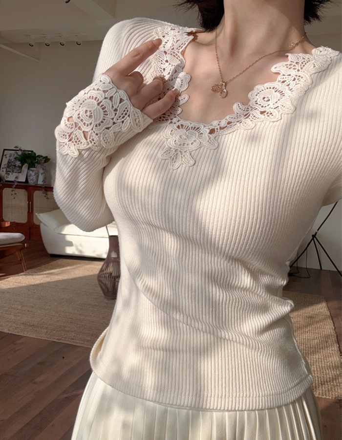 Long sleeve lace V-neck knitted spicegirl bottoming shirt