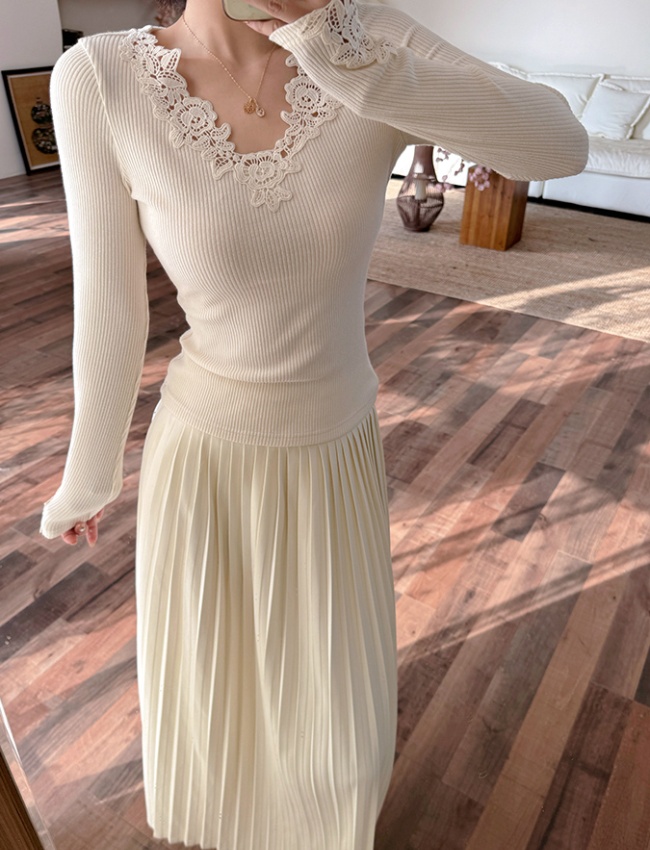 Long sleeve lace V-neck knitted spicegirl bottoming shirt