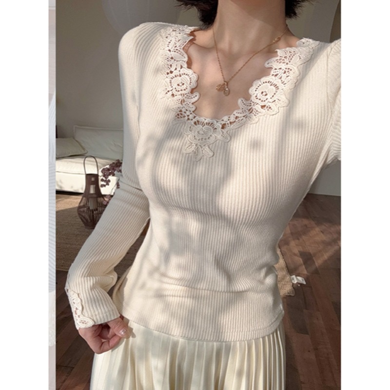 Long sleeve lace V-neck knitted spicegirl bottoming shirt