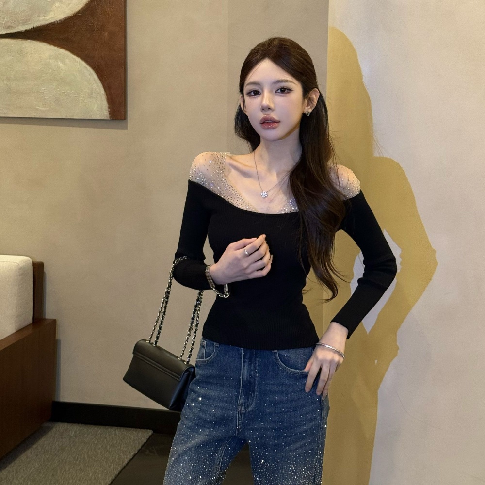 Wool rhinestone temperament pink tops