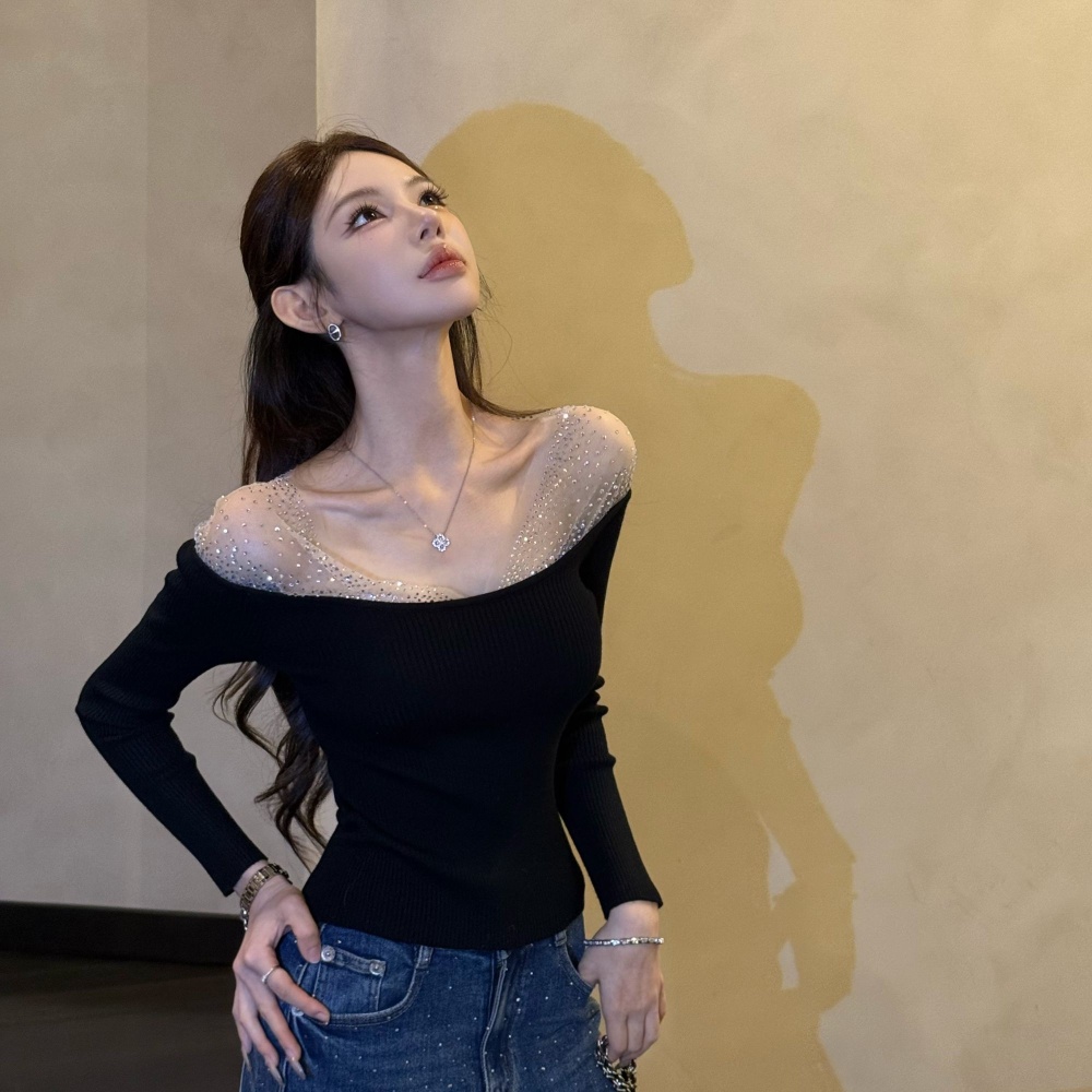 Wool rhinestone temperament pink tops