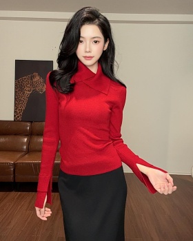 Long sleeve mixed colors lapel tops cuff slim bottoming shirt