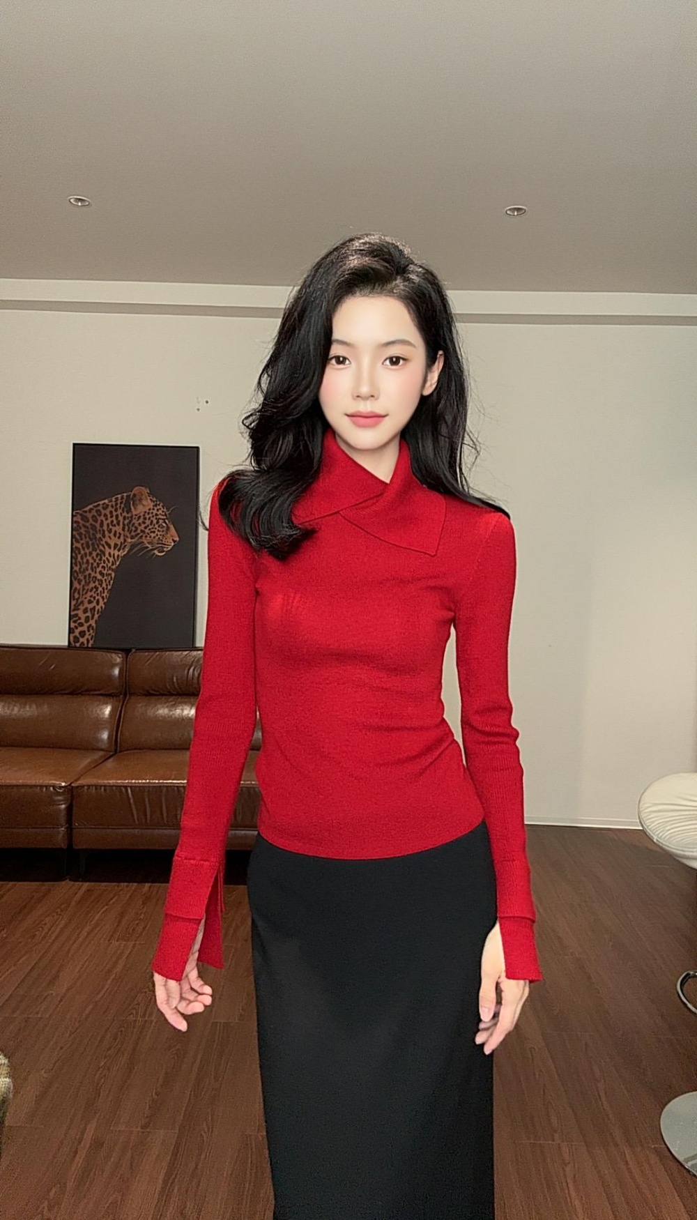 Long sleeve mixed colors lapel tops cuff slim bottoming shirt